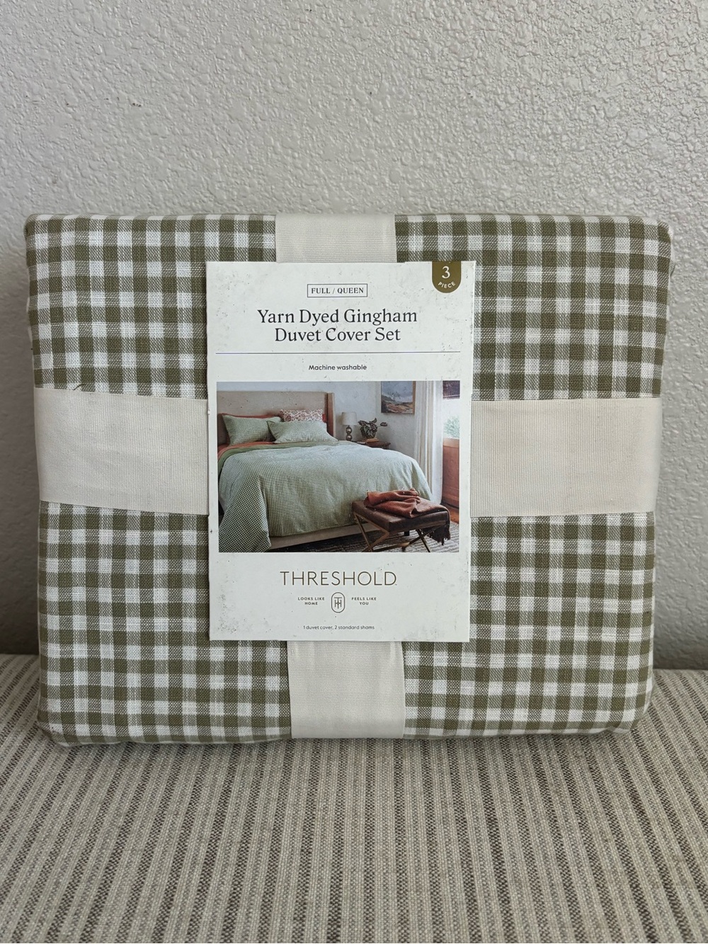NWT Full/Queen Mini Gingham Duvet and Sham Set Moss Green - Threshold